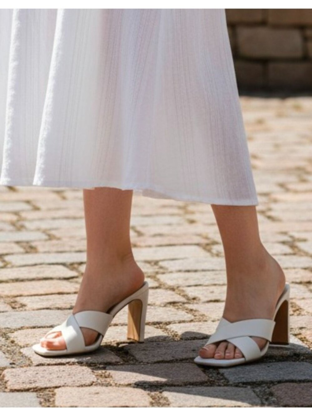 White Open-Toe Heeled Sandals With Cross-Strap Design & Square Toe By Anna - Picture 8 of 12